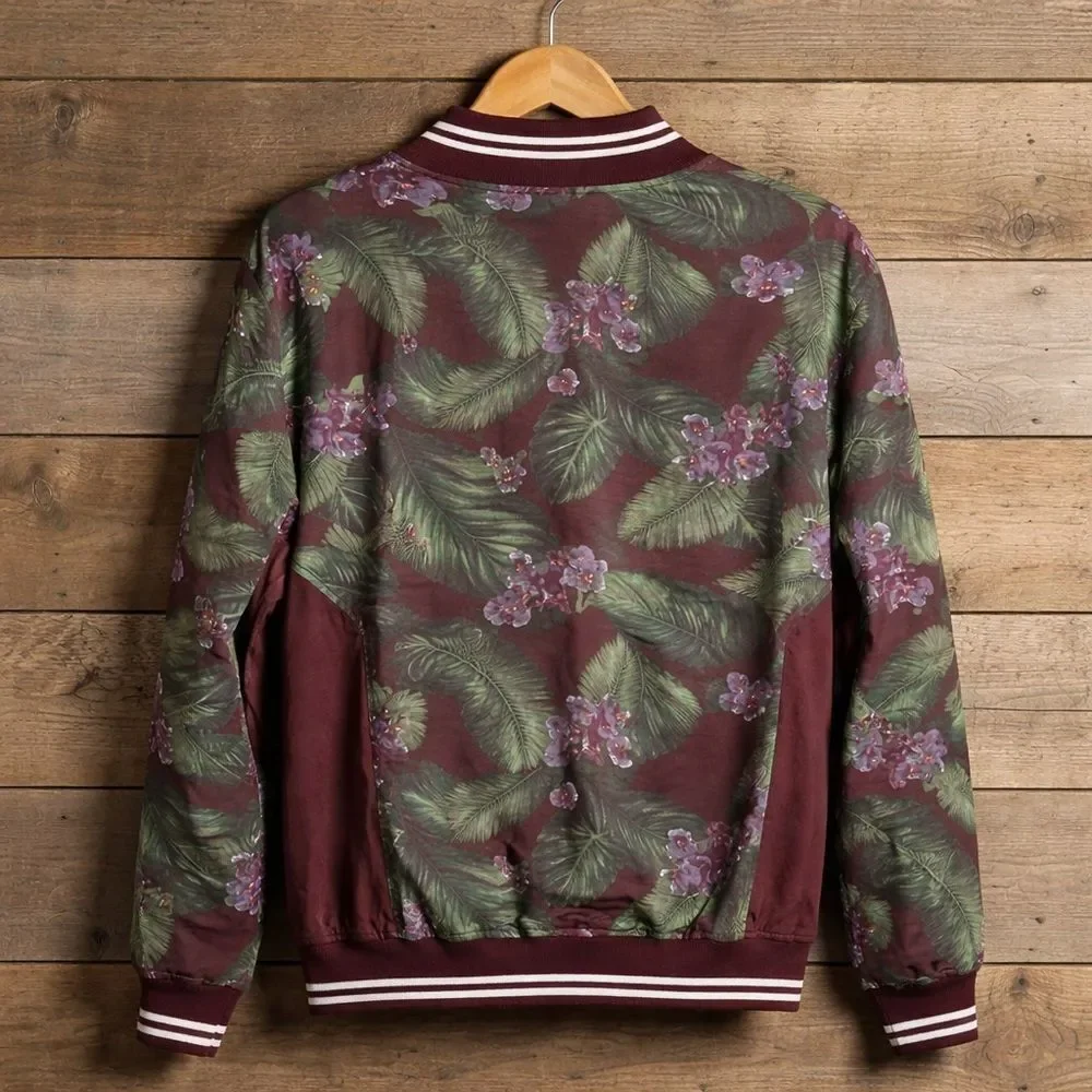 GSTQ Men's Floral Bomber Jacket Green/Maroon Full Zip - Size Small